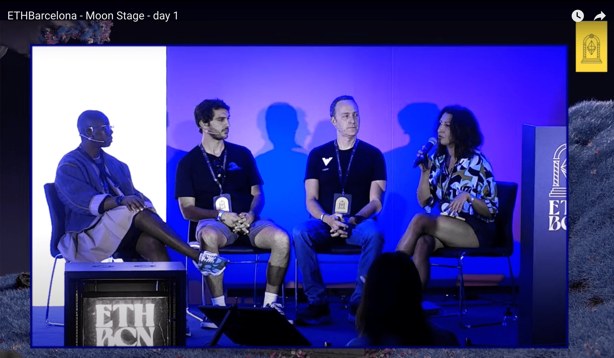 Mariam Kouanda speaking on a panel at ETH Barcelona Moon Stage